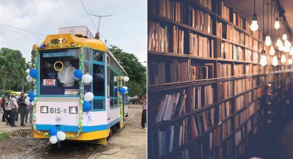 tram library ছবিতে বাঁ দিকে দ্য কলকাতা ইয়ং রাইডার্স ট্রামকার।